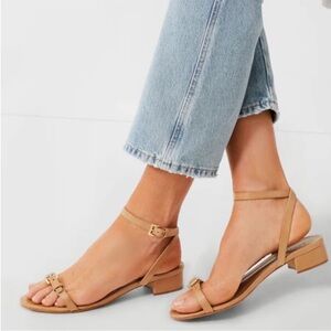 Schutz Nude Aurora Leather Ankle Strap Block
Heel Sandals